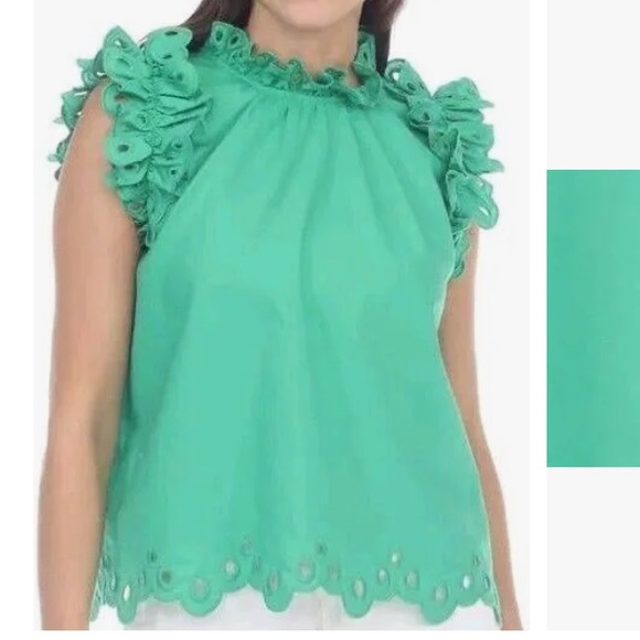 Anthropologie Tops - NWOT Anthropologie Kelly green embroidered broderie cotton linen ruffle top M